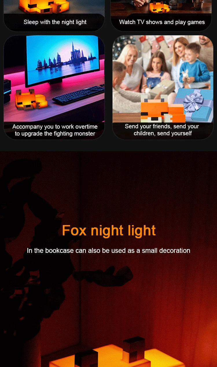 Pixel Fox Night Light — Soft Orange Glow LED Lamp for Gaming Rooms & Cozy Bedrooms
