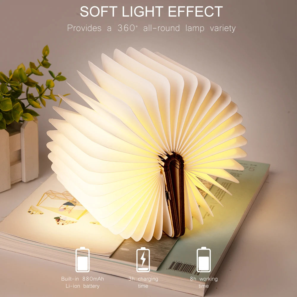 LED Wooden Book Lamp — Foldable 3-Color Bedside Light for Kids & Home
