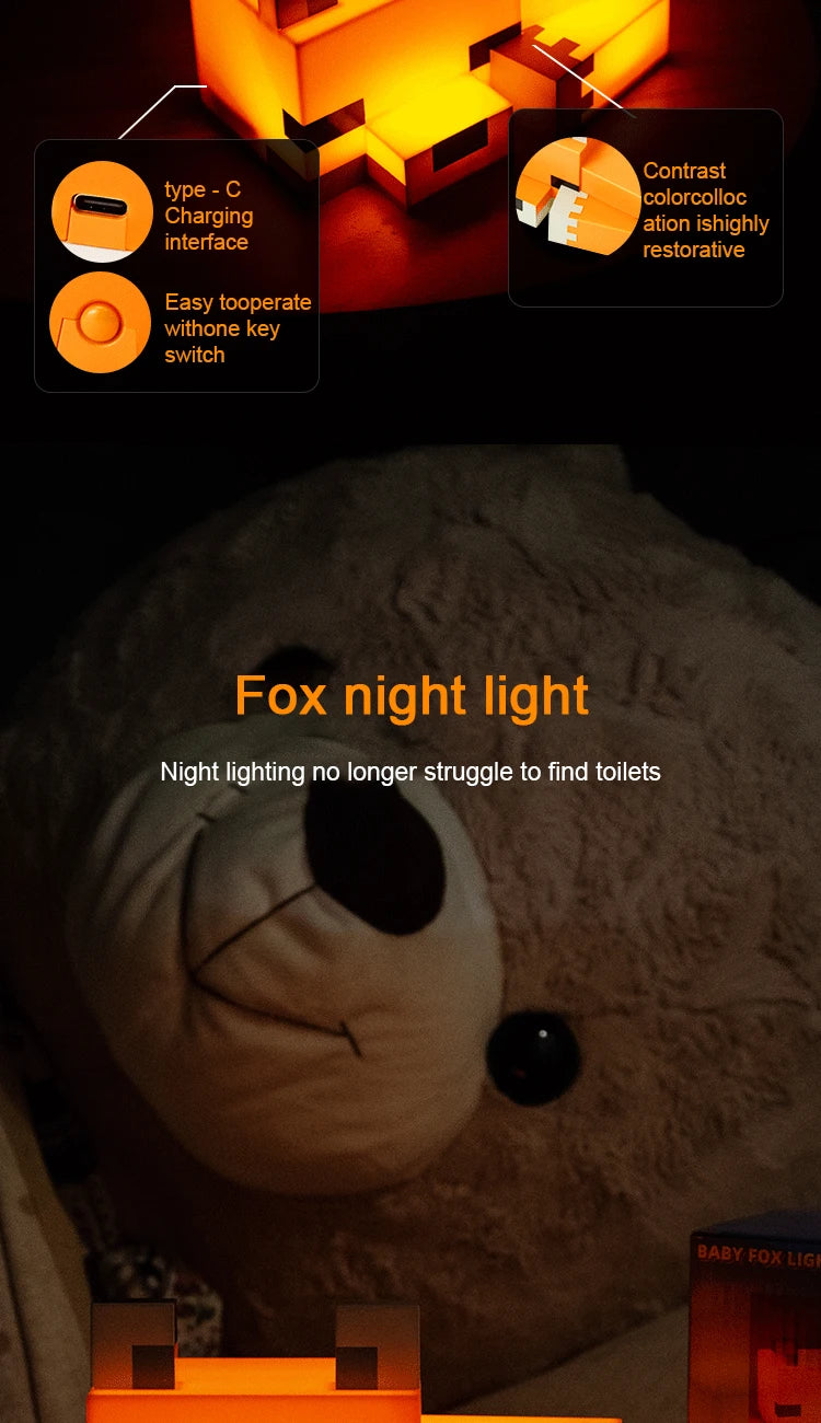 Pixel Fox Night Light — Soft Orange Glow LED Lamp for Gaming Rooms & Cozy Bedrooms