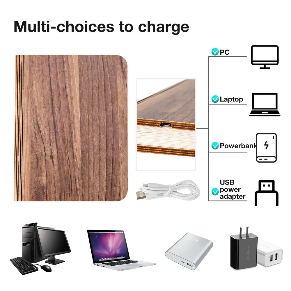LED Wooden Book Lamp — Foldable 3-Color Bedside Light for Kids & Home