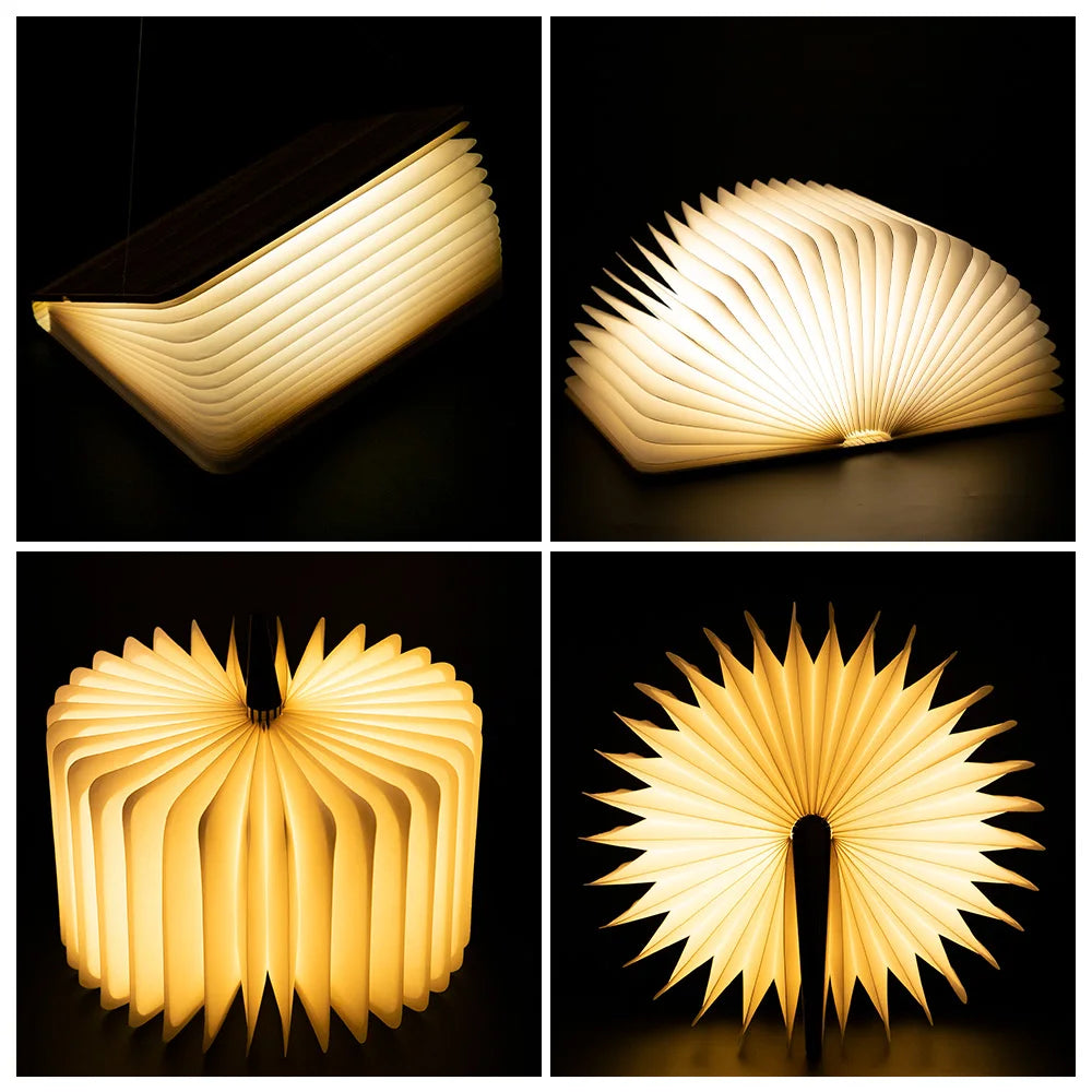 LED Wooden Book Lamp — Foldable 3-Color Bedside Light for Kids & Home