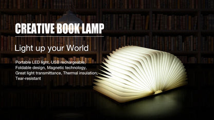 LED Wooden Book Lamp — Foldable 3-Color Bedside Light for Kids & Home