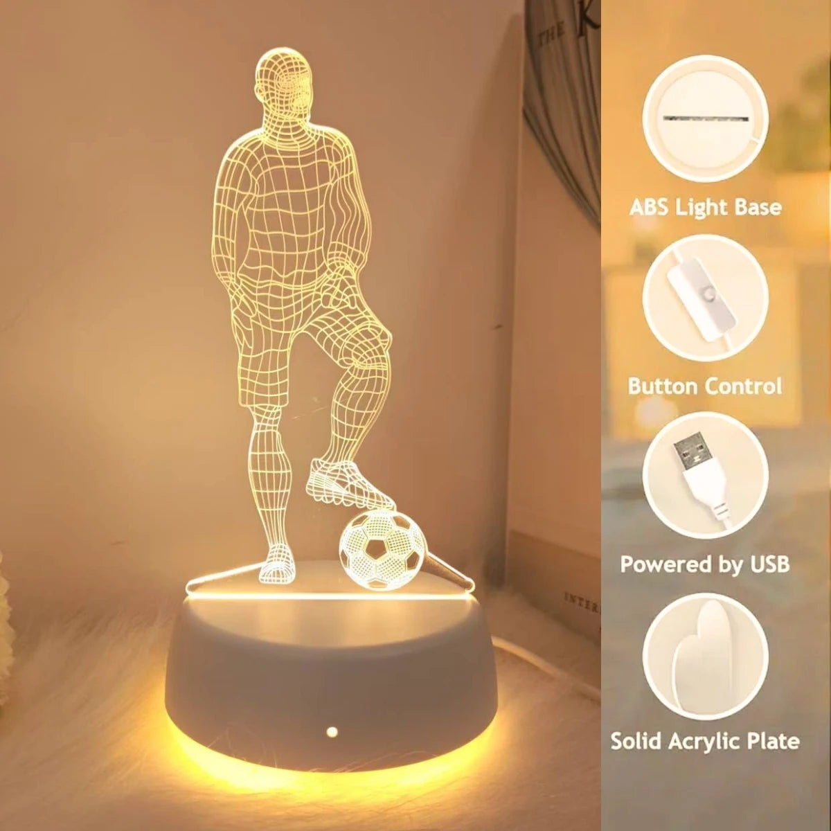 Football Player 3D Night Light — Minimal LED Lamp for Sports Fans & Cozy Spaces
