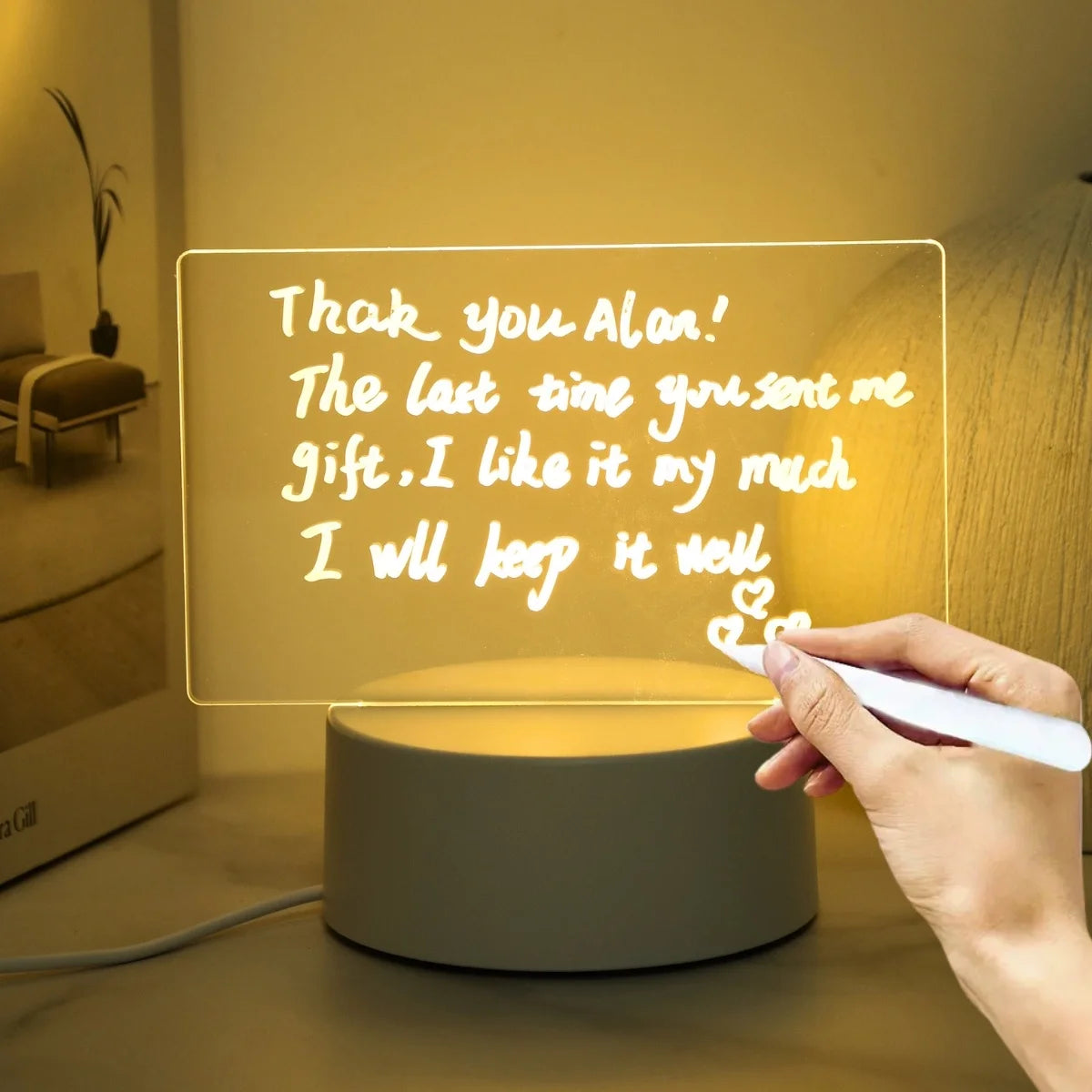 Acrylic LED Message Board Night Light – Erasable Writing Panel & Creative Bedside Lamp