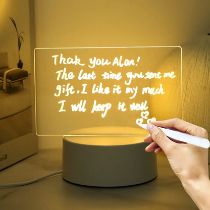 Acrylic LED Message Board Night Light – Erasable Writing Panel & Creative Bedside Lamp